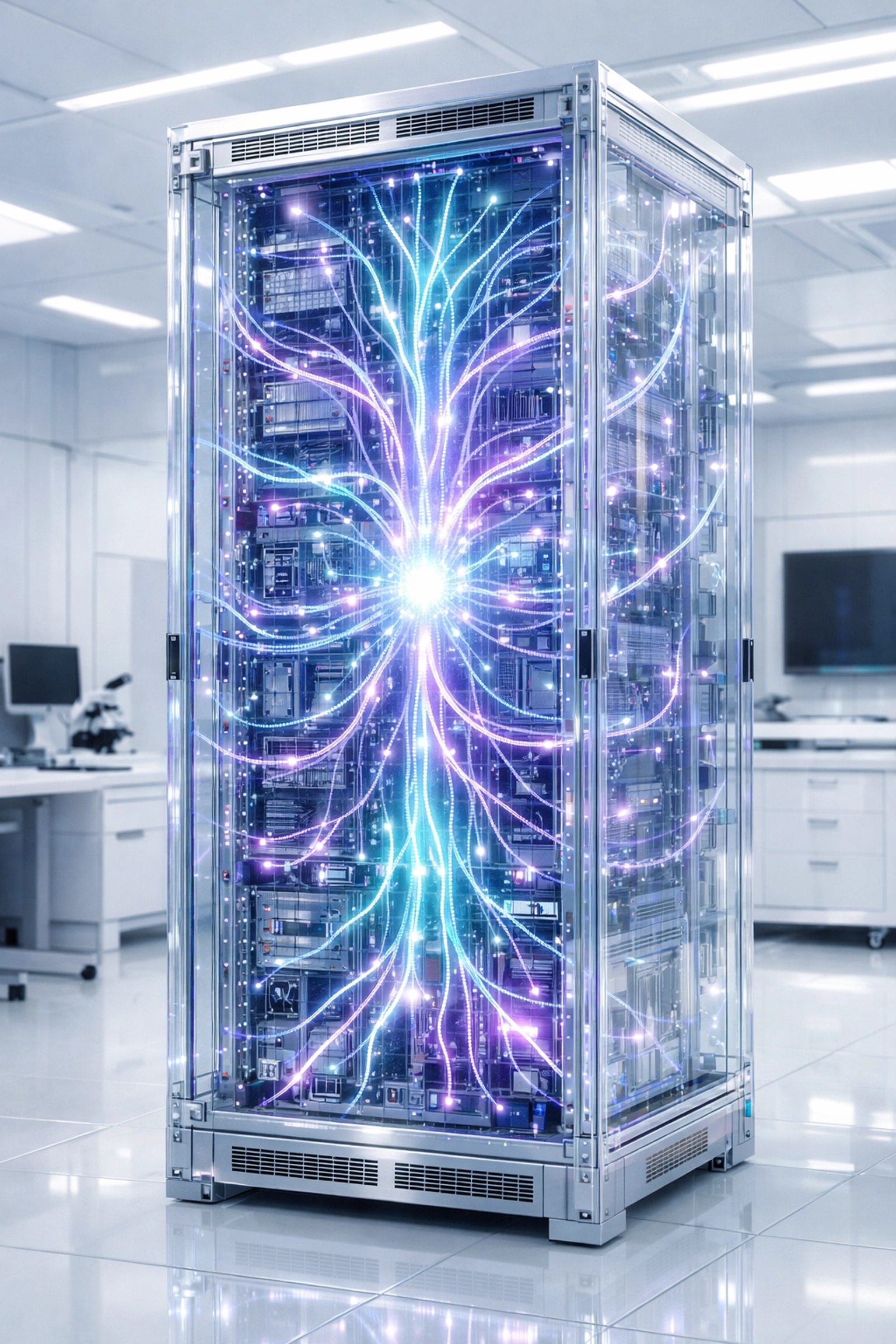 Glowing fiber-optic server representing high-performance hosting that drives Sarasota business revenue growth.