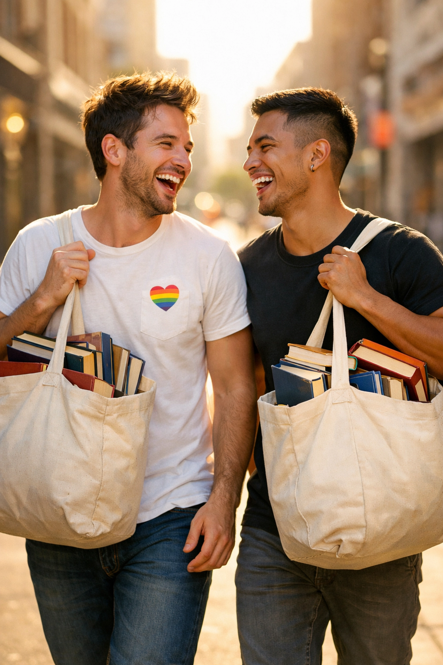 Two men carrying canvas tote bags filled with books, showing off their queer reader style.