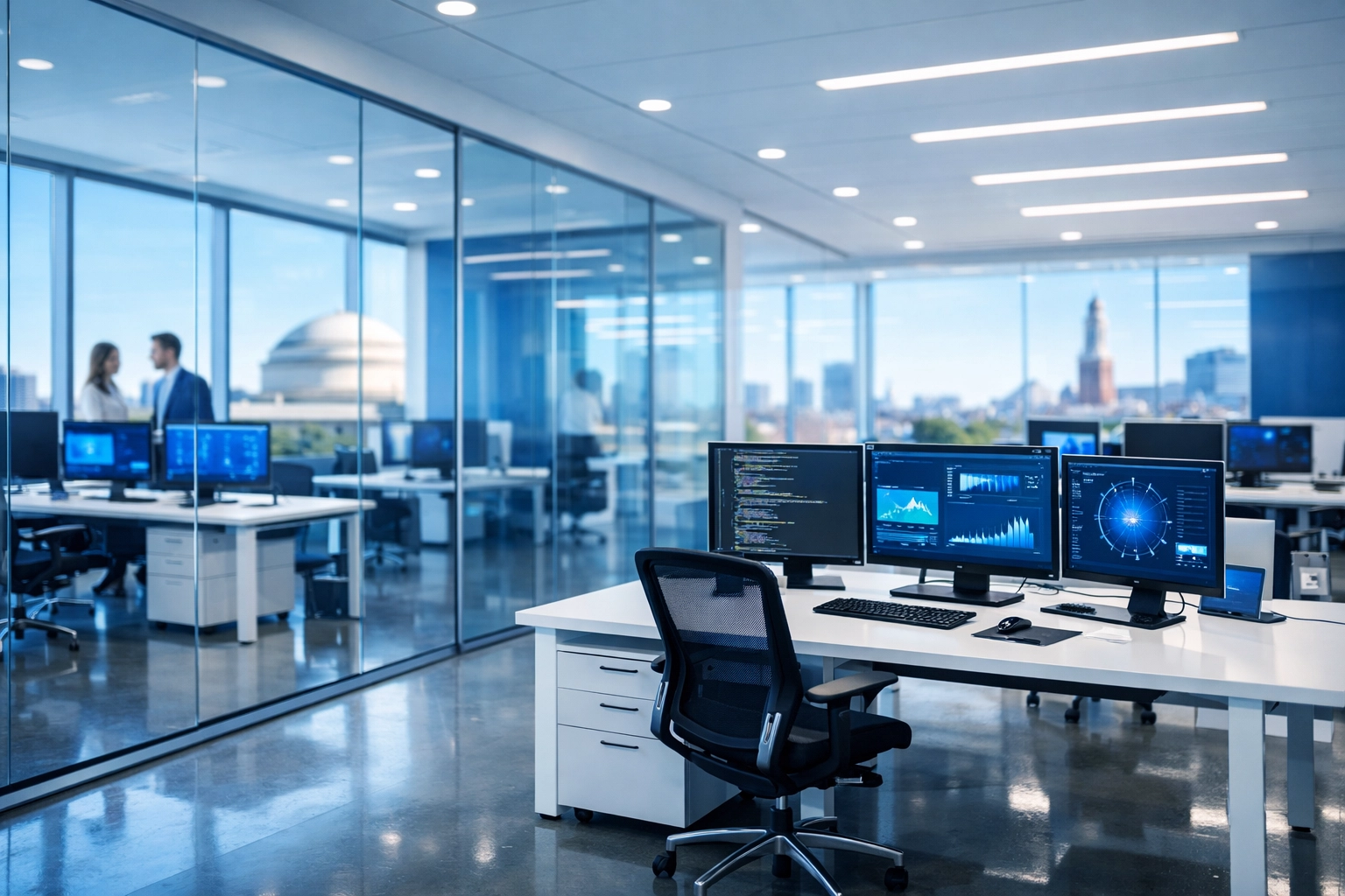 Spotless tech startup office in Kendall Square showing professional office cleaning in Cambridge.