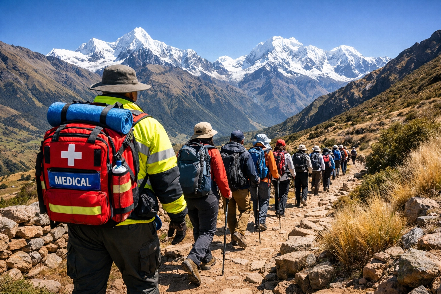 Educational travel group hiking with a professional guide in the Peru Highlands for student safety.