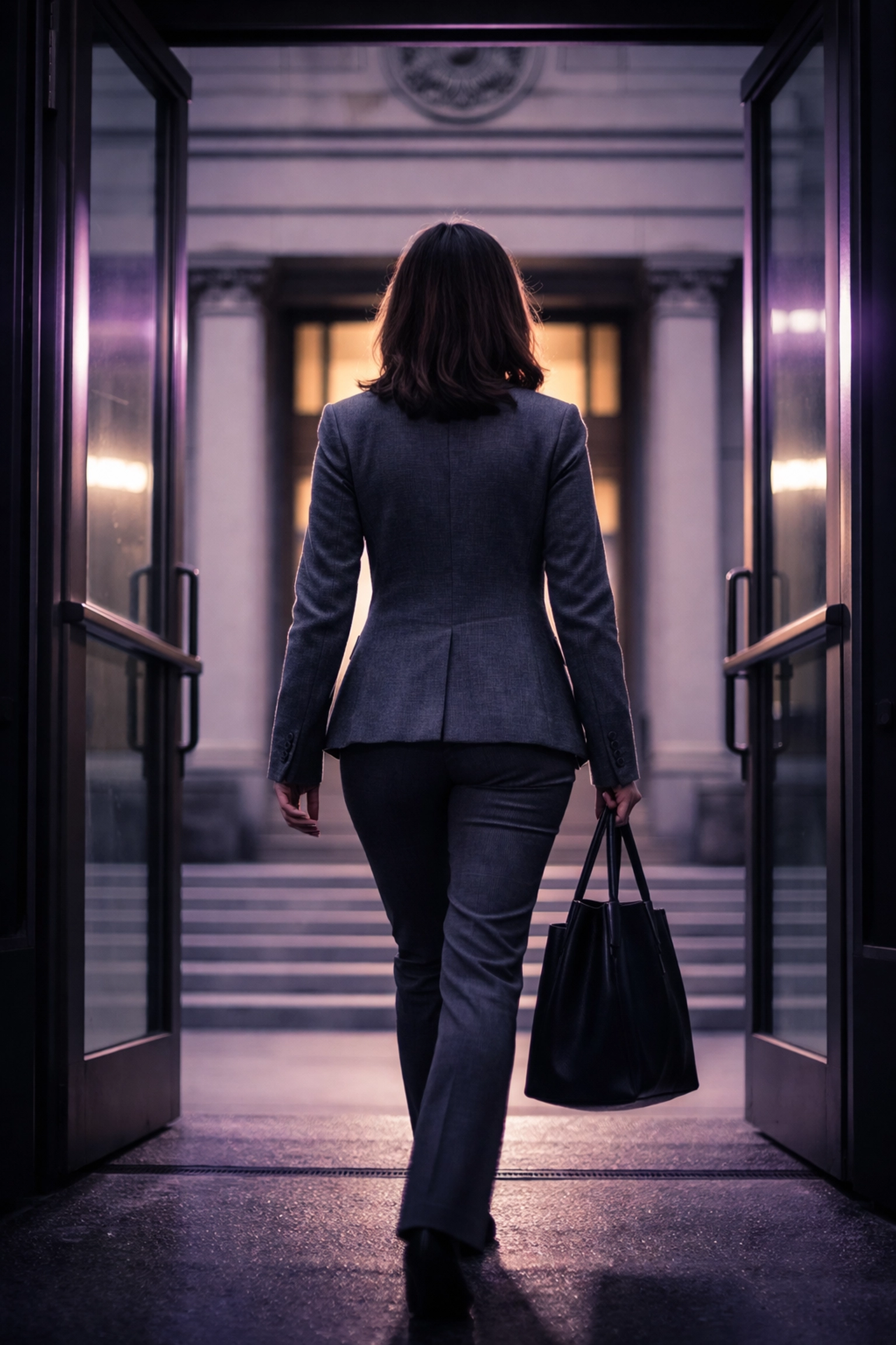 Professional entering a courthouse for discreet warrant surrender with a Tampa bail bondsman.