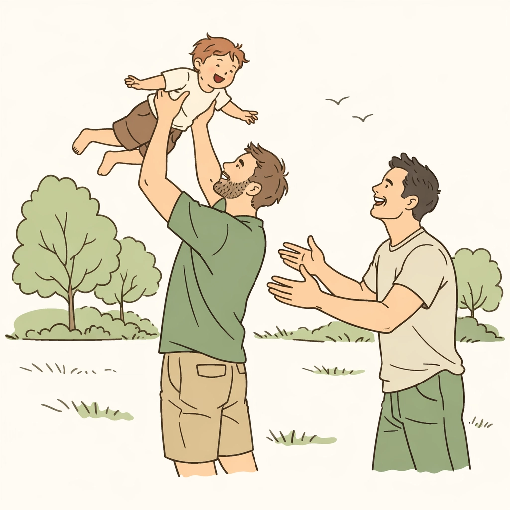 Gay dads playing with their child in the park, demonstrating LGBTQ+ family joy and authentic parenting