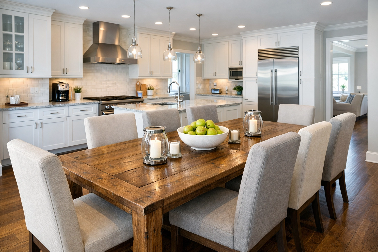 Spacious dining area and modern kitchen in an Edmonds adult family home for shared resident meals.