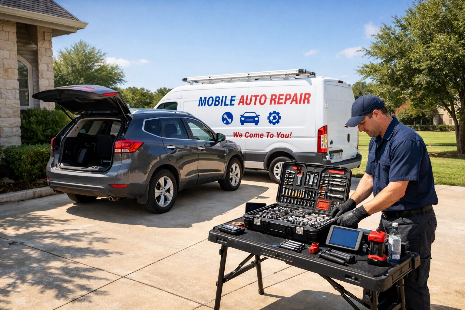 Mobile auto repair service van performing on-site engine diagnostics in a San Antonio driveway.