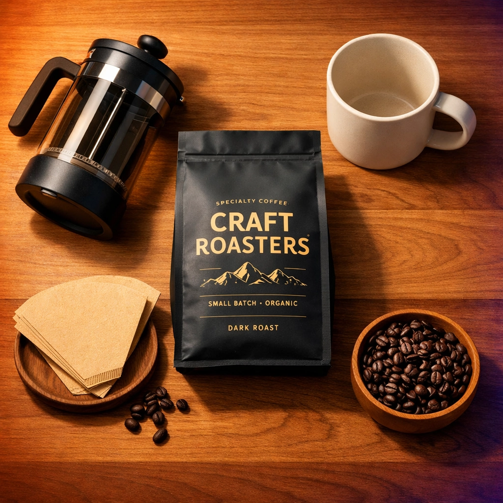 Complementary product ecosystem showing coffee products arranged for strategic upselling