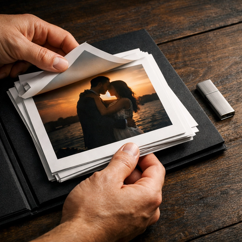 Professional fine art photography prints and a USB drive ready for high-end client delivery.