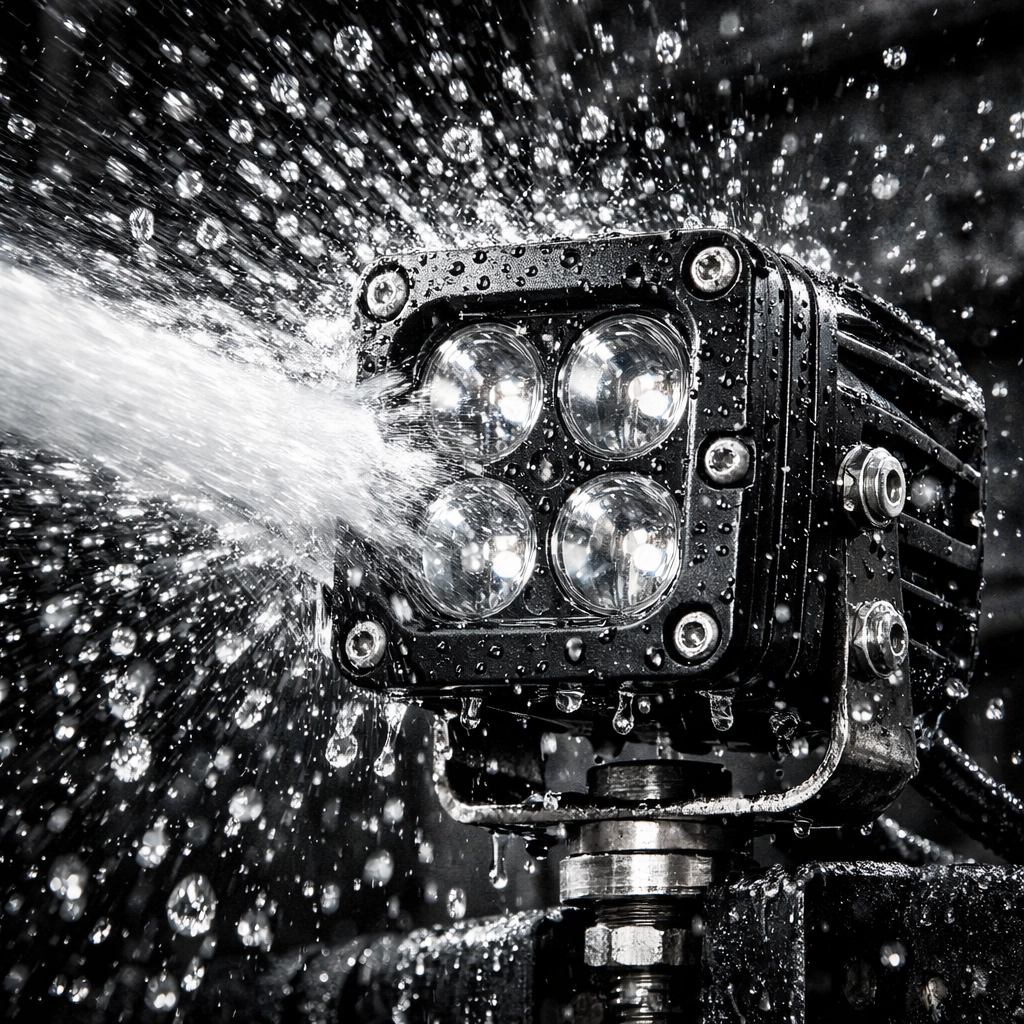 Waterproof off-road LED light pod undergoing high-pressure water testing for durability.