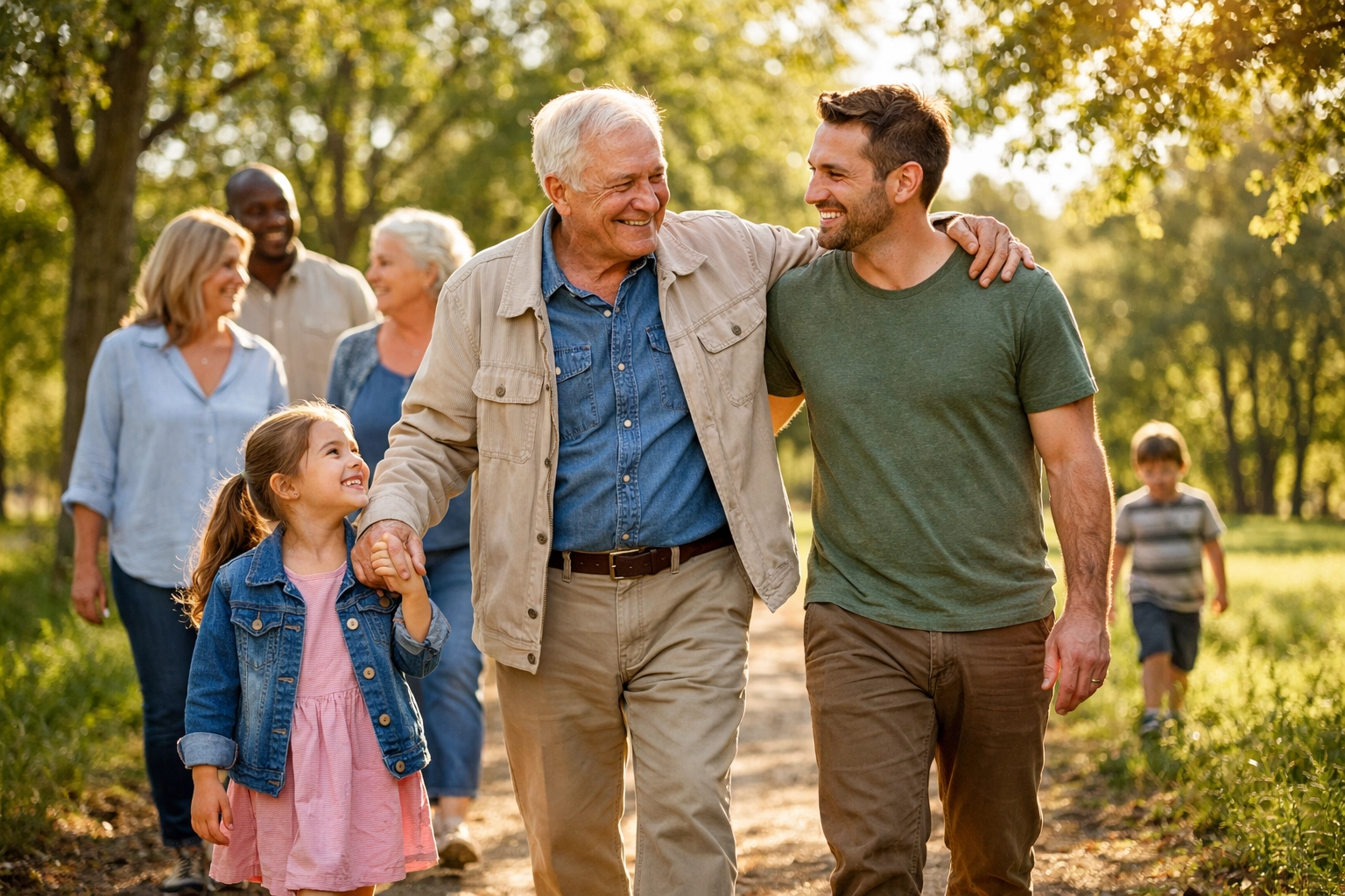 Happy multi-generational family walking in a park, protected by a final expense burial insurance policy. Happy multi-generational family walking in a park, protected by a final expense burial insurance policy.