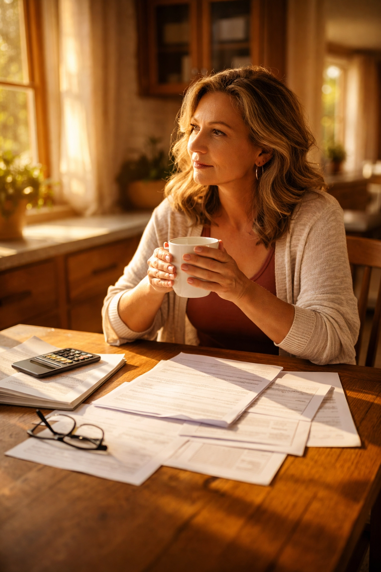 Middle-aged woman reviewing retirement documents at home, reflecting on financial planning after 50