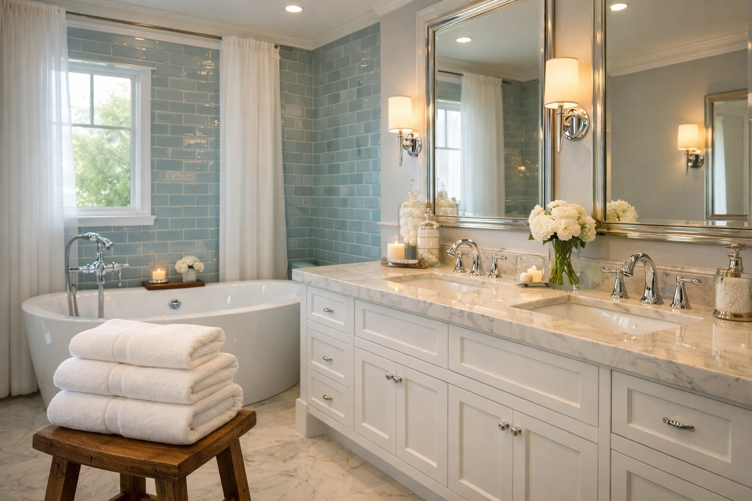 Reliable House Cleaning Concord ensures a professionally sanitized master bathroom with sparkling chrome fixtures.