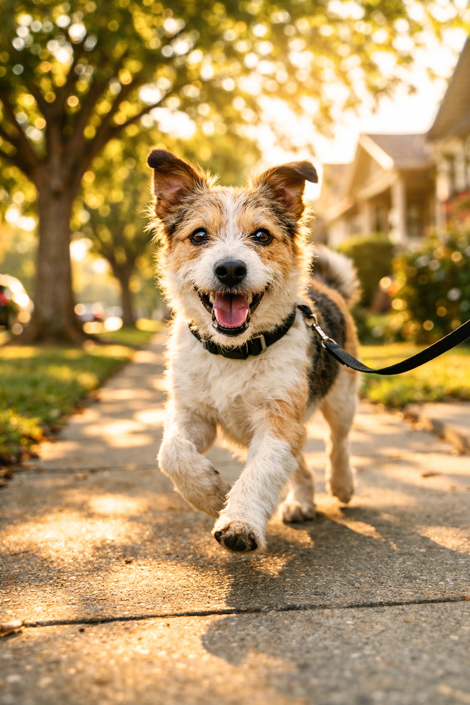 Happy adopted rescue dog enjoying daily exercise walk in neighborhood