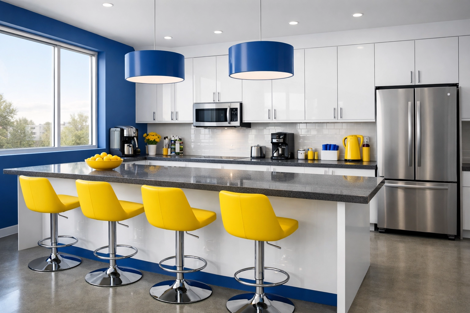 Hygienic small business breakroom with clean white cabinets and yellow seating for improved employee morale.
