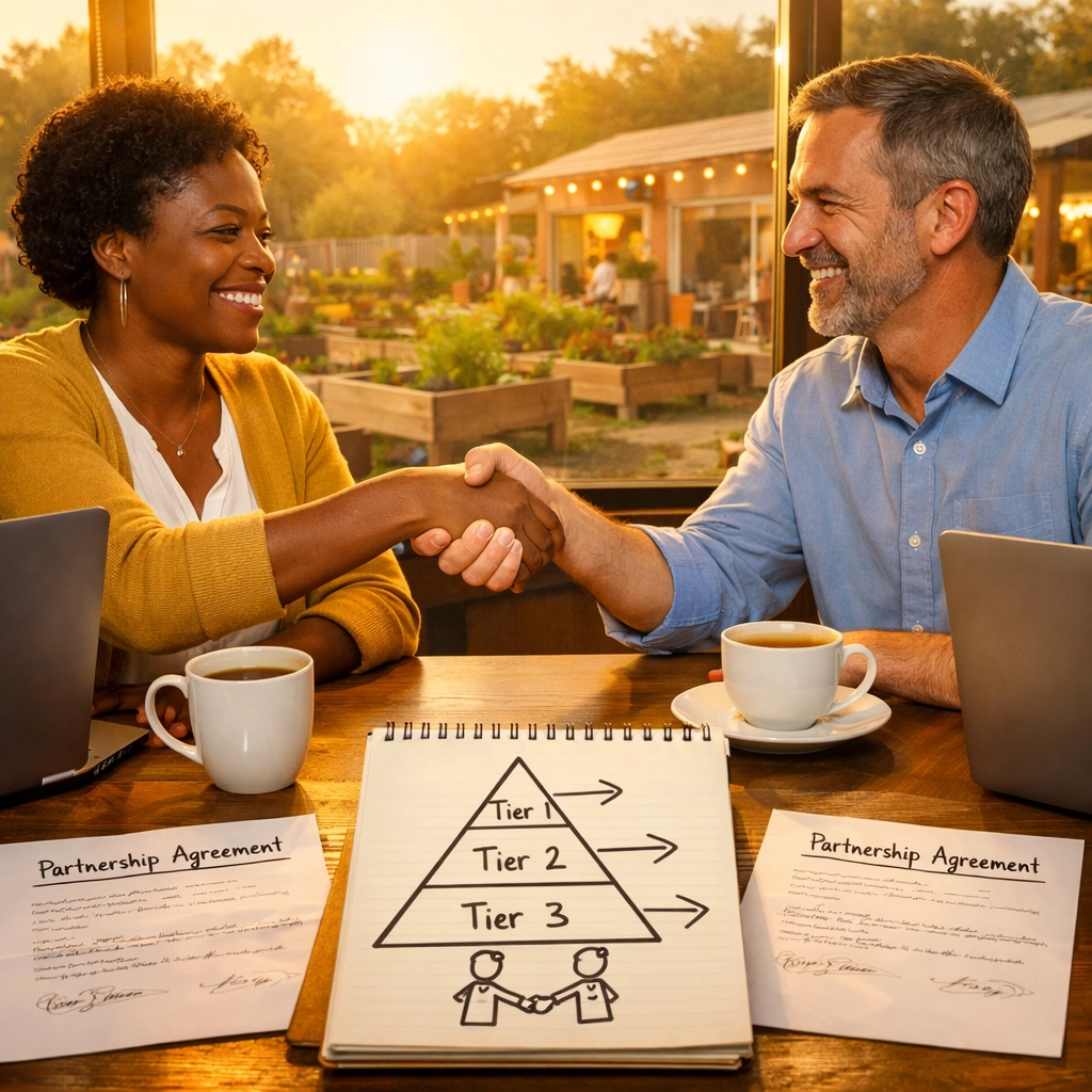 Two nonprofit leaders shaking hands over partnership agreement at collaborative meeting