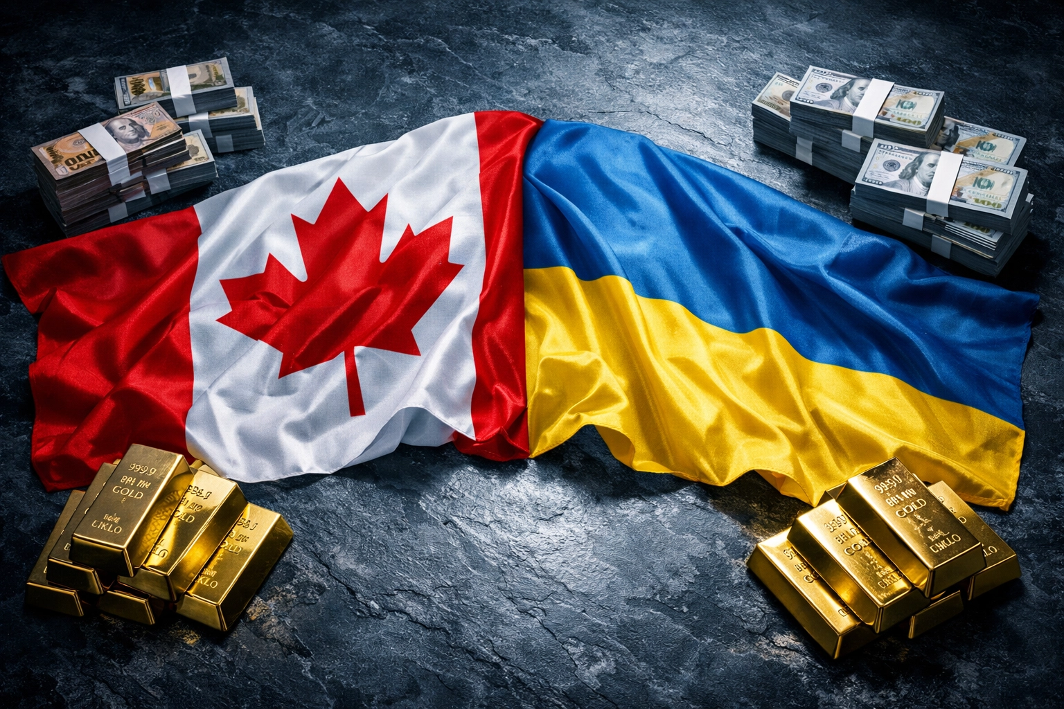 Canadian and Ukrainian flags with currency representing $2 billion in military aid for Ukraine.