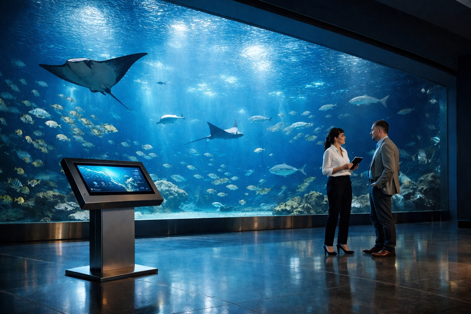 Corporate partnership exhibit at an aquarium showing interactive sponsorship activation for multi-sector media branding.