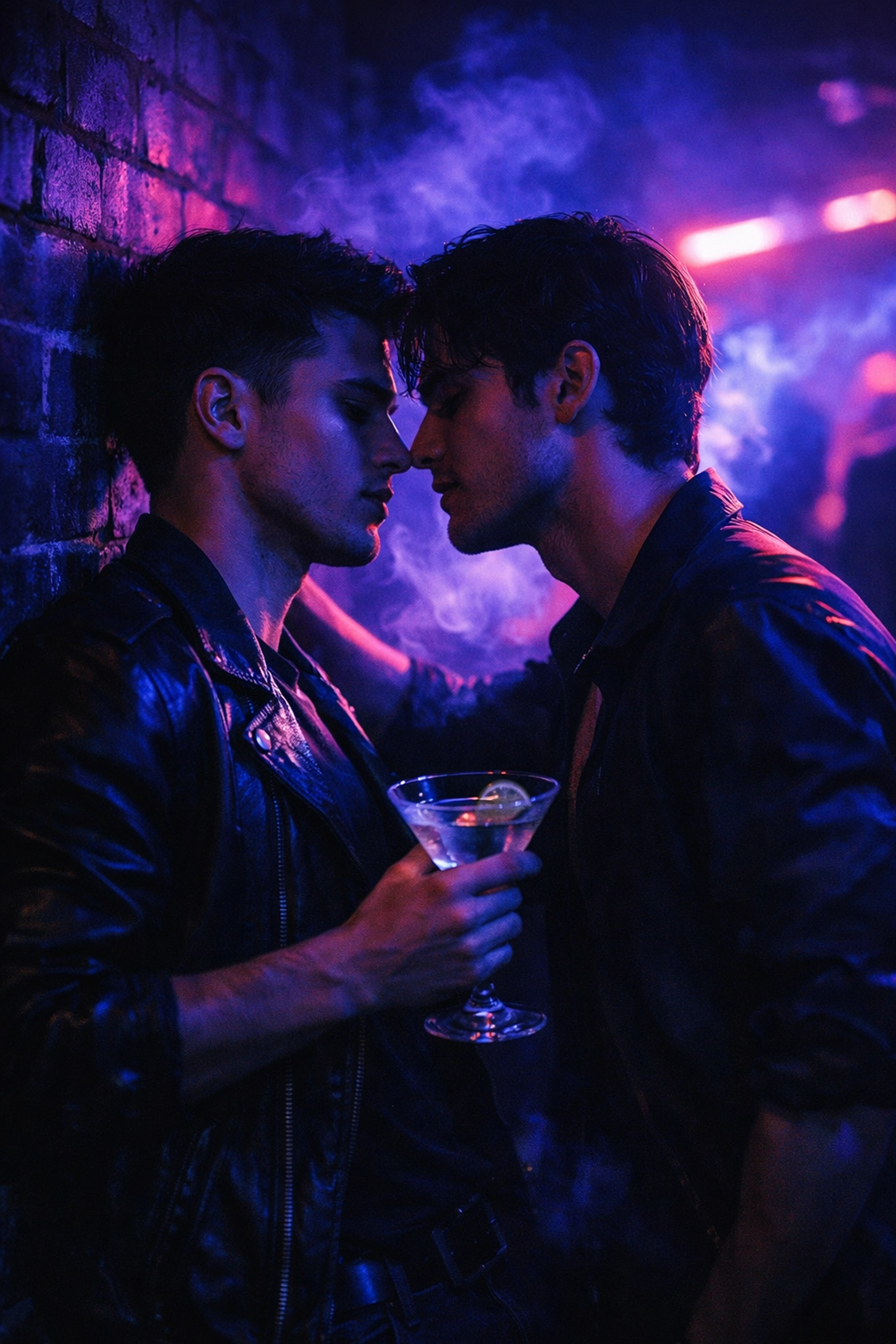 Two men share an intense moment in a nightclub representing spicy MM romance and desire