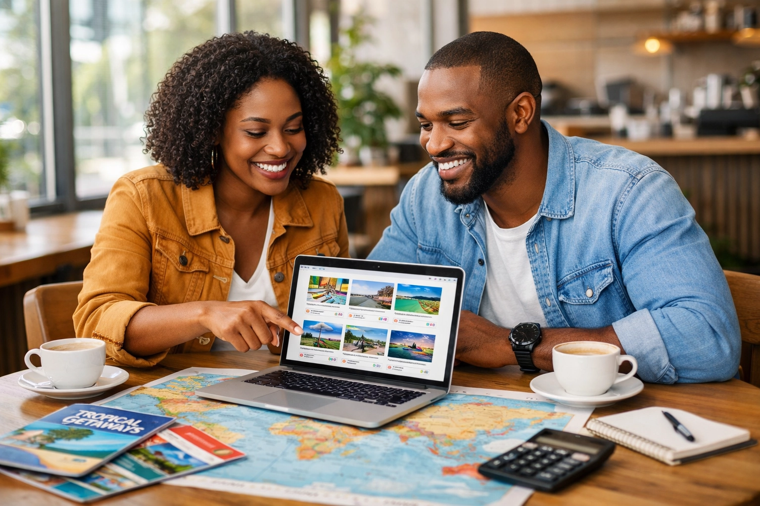 Couple comparing DIY travel booking vs all-inclusive vacation packages on laptop