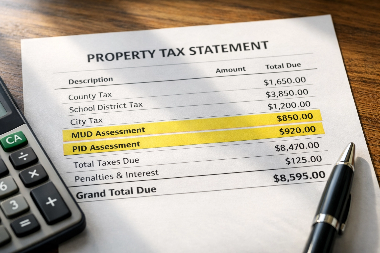 Property tax statement showing MUD and PID assessment line items with calculator