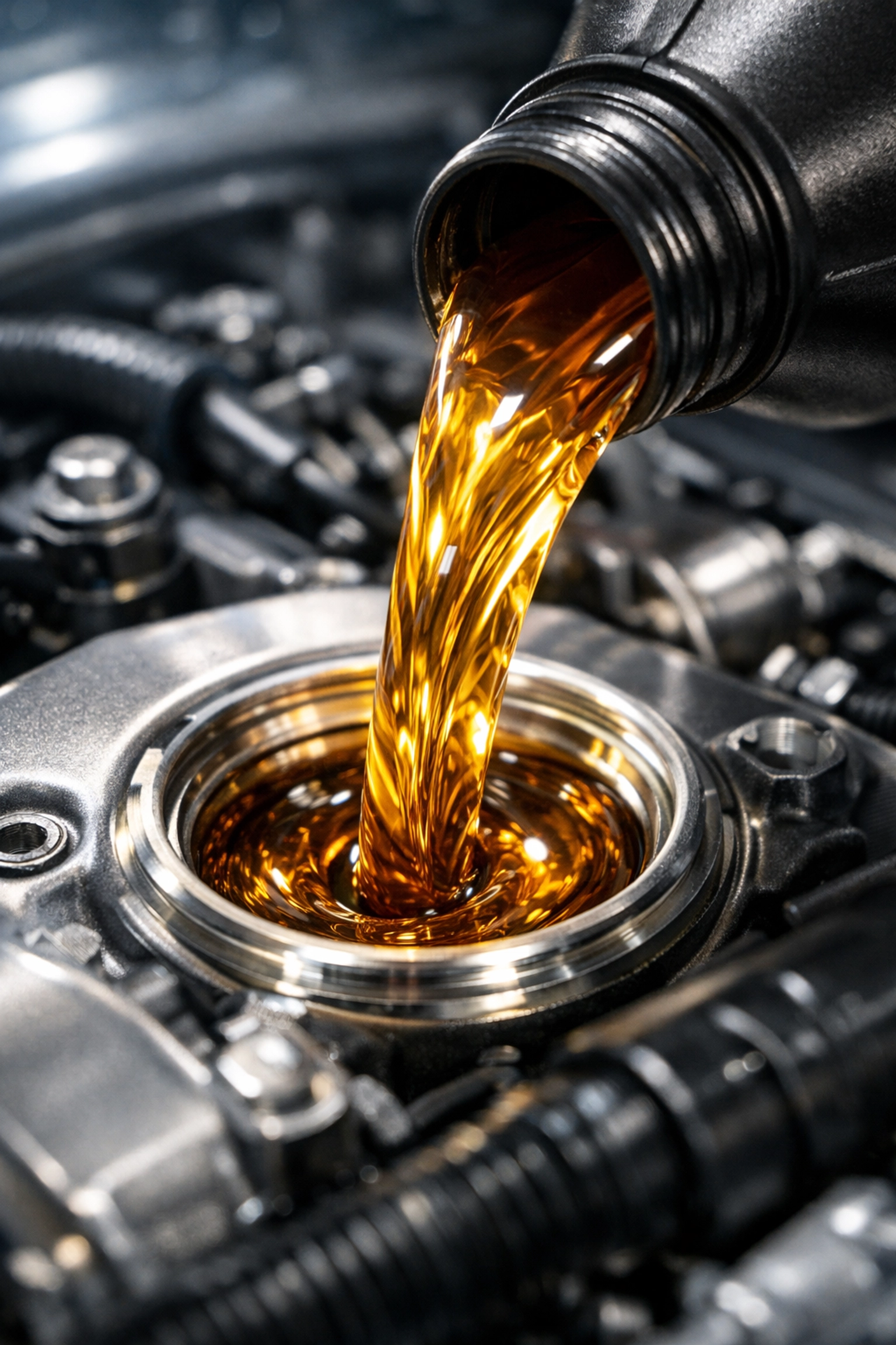 Fresh synthetic oil being poured during a professional mobile oil change in Green Bay.