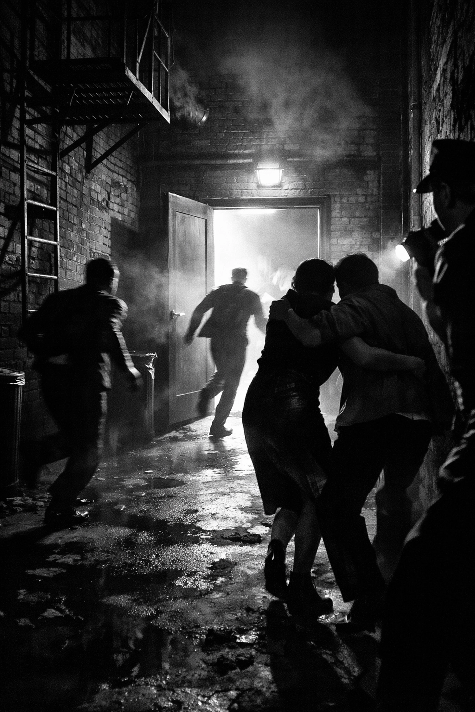 Gay bar patrons escaping police raid through back alley in 1950s New York