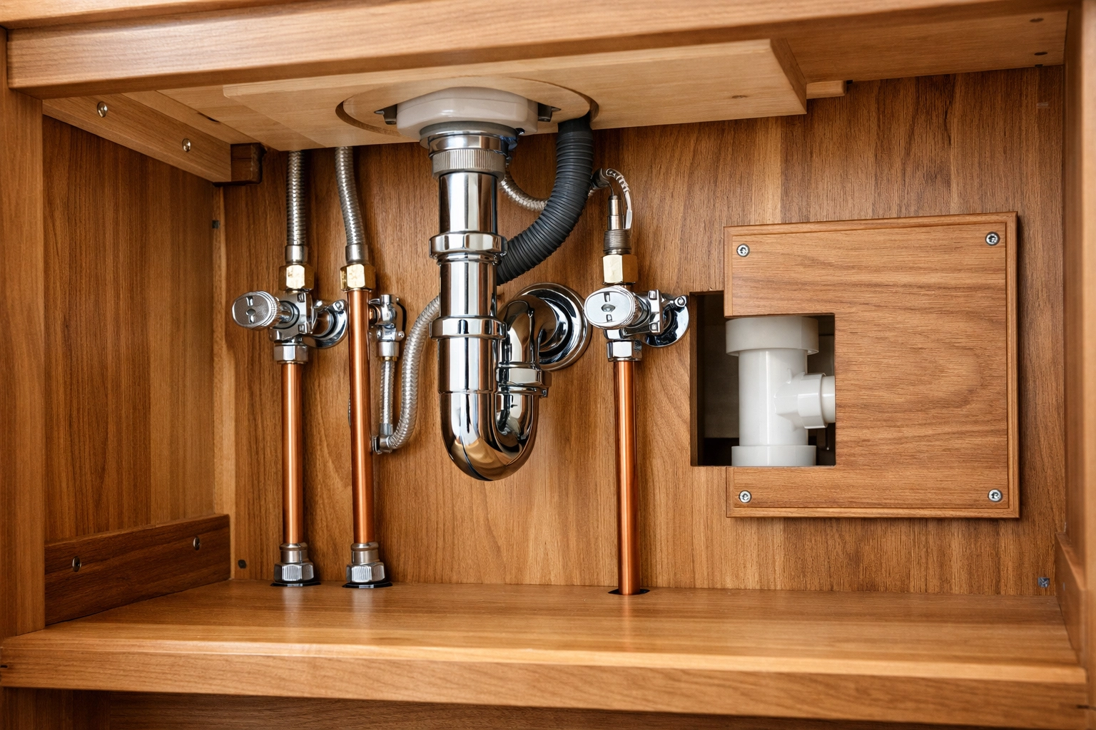 Custom cabinetry installation showing professional plumbing integration and precision craftsmanship