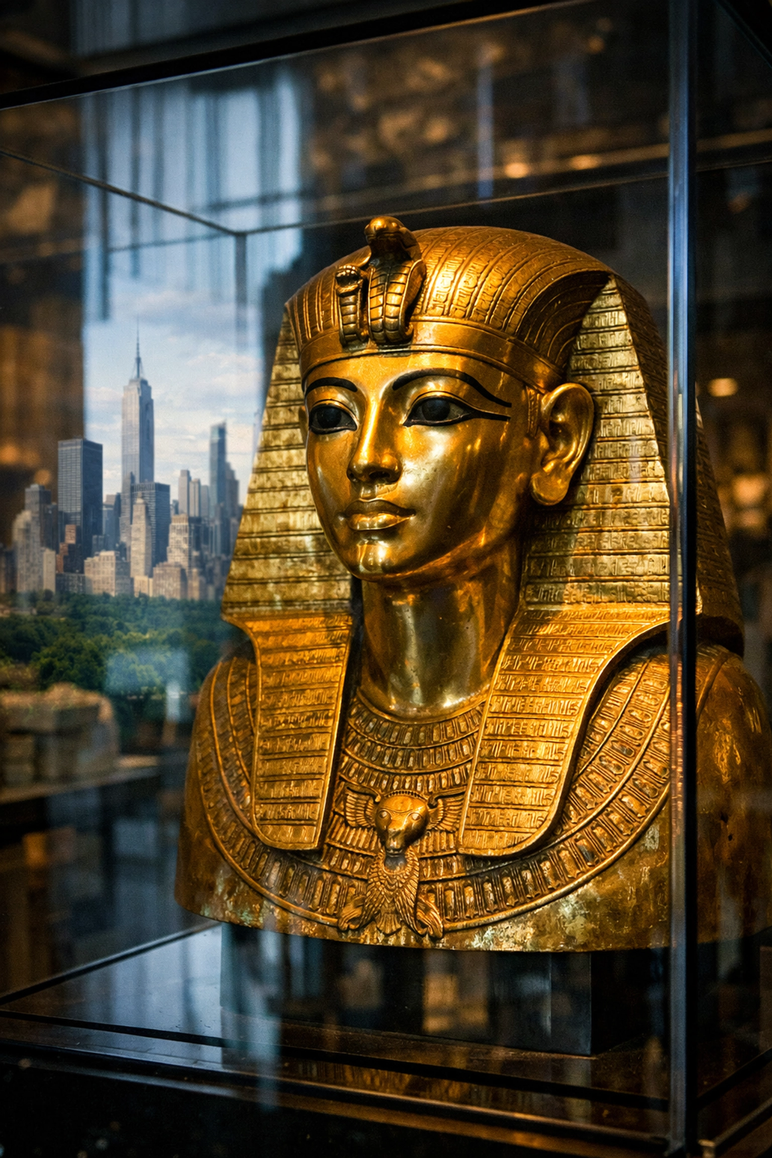 Egyptian bust reflecting the Manhattan skyline at the Met, a creative photo spot for travel photographers.