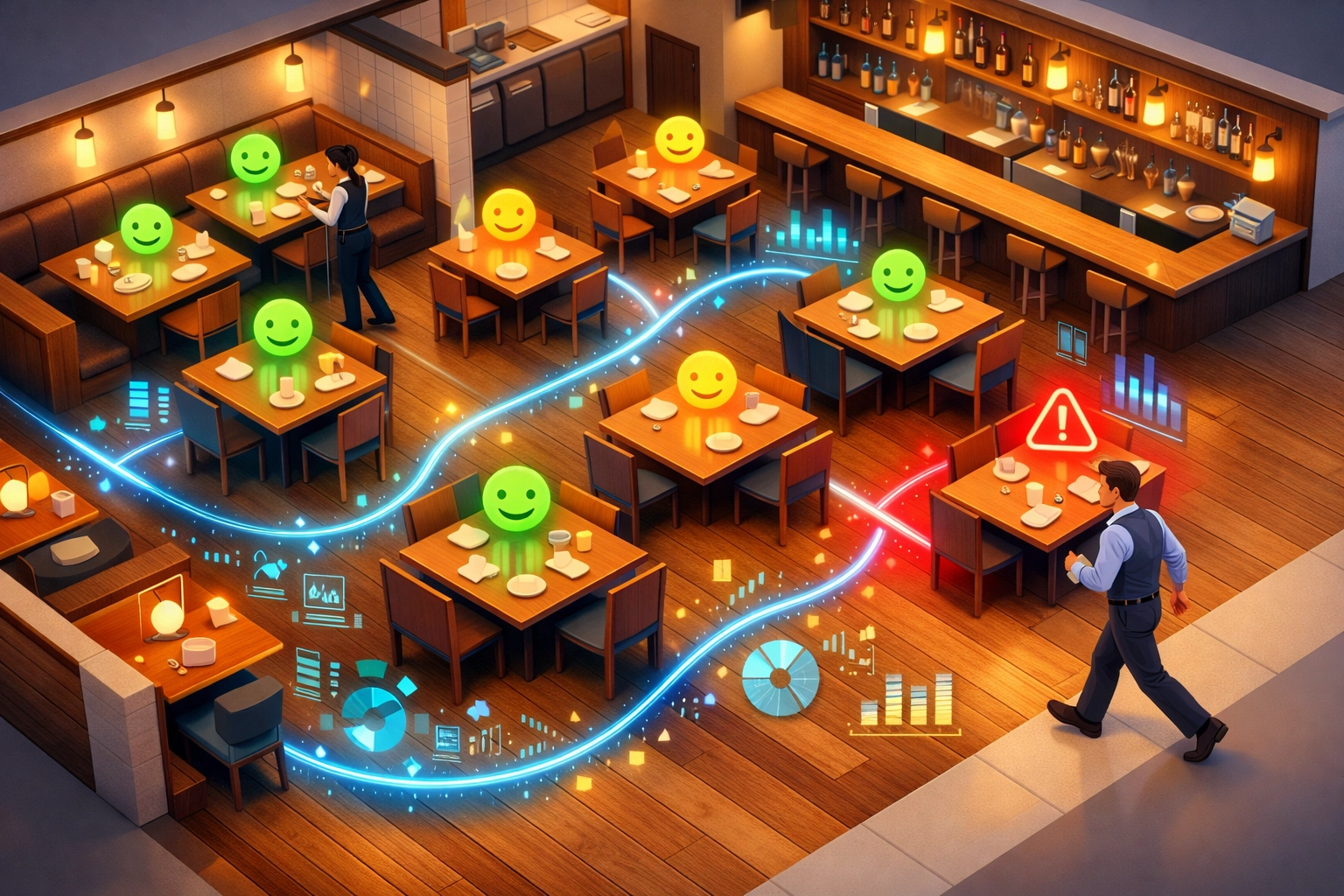 Restaurant floor plan with AI sentiment analysis tracking customer satisfaction in real-time