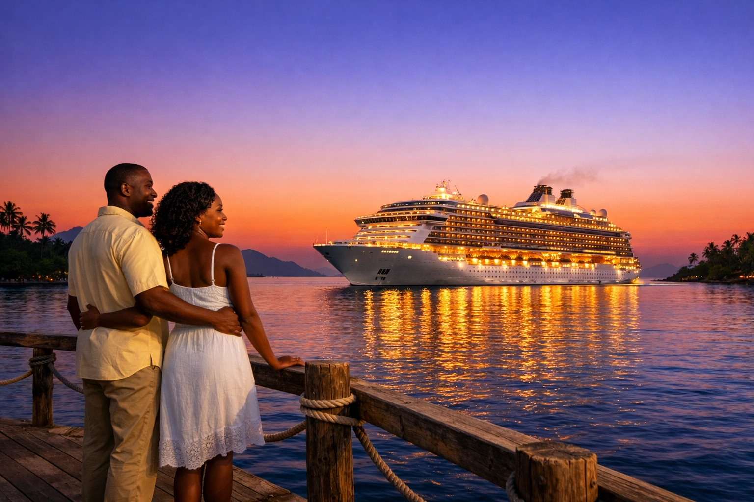 A stunning luxury cruise ship at sunset, showcasing the elite travel style of premium luxury cruise deals.