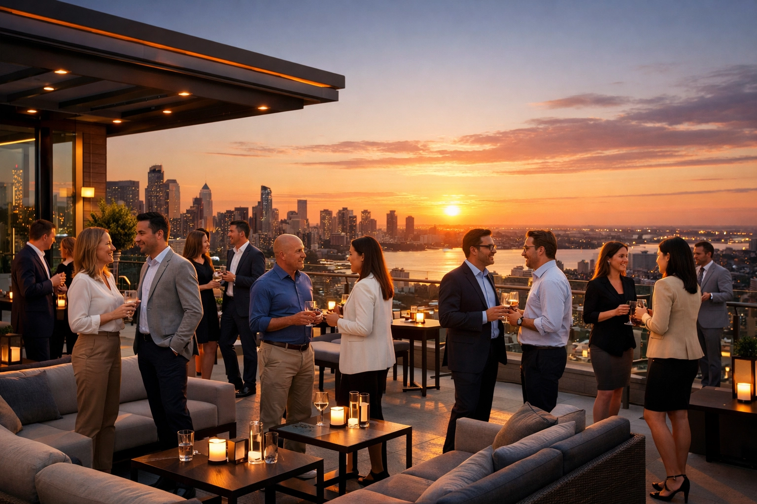 Business professionals networking at a sophisticated corporate rooftop event during Super Bowl weekend.
