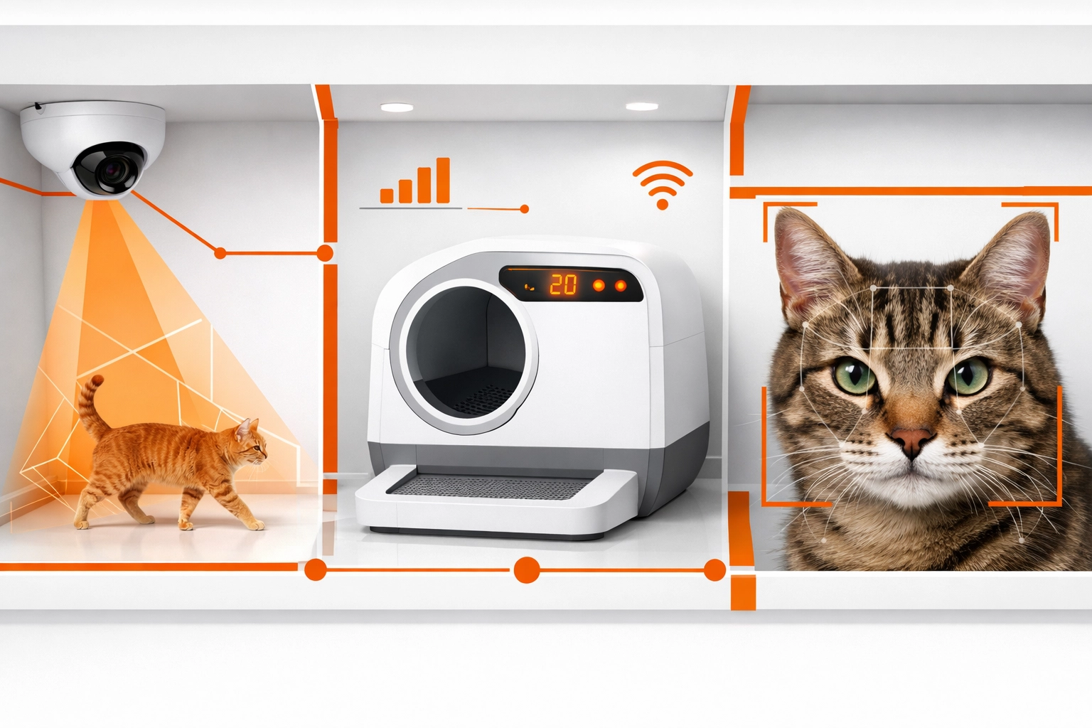AI pet health monitoring system showing camera tracking, smart litter box, and facial recognition technology