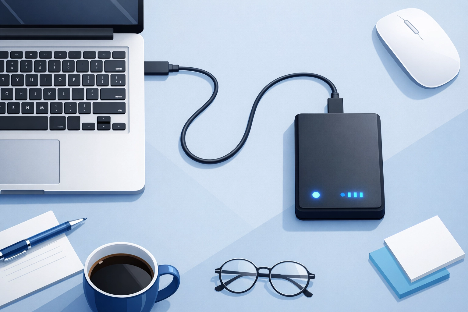 External hard drive connected to laptop for local data backup and file transfer