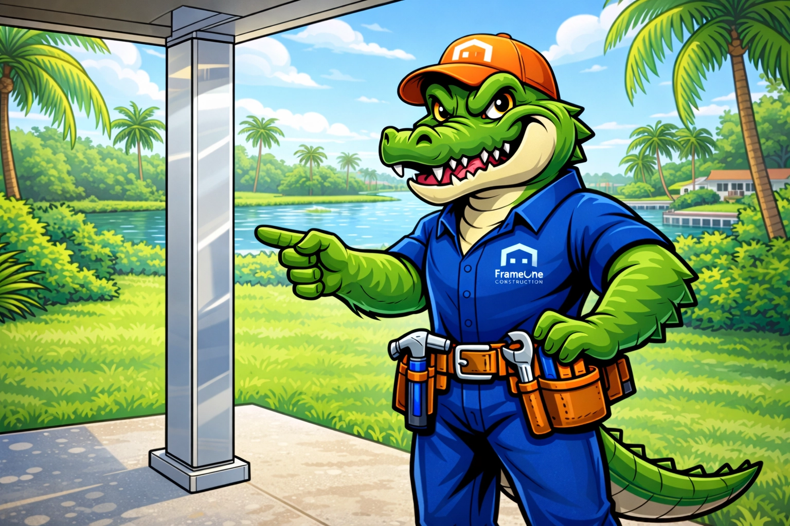 Al E. Gator (blue FrameOne shirt, orange hat) pointing at salt-resistant aluminum patio cover pillars in humid Apollo Beach.