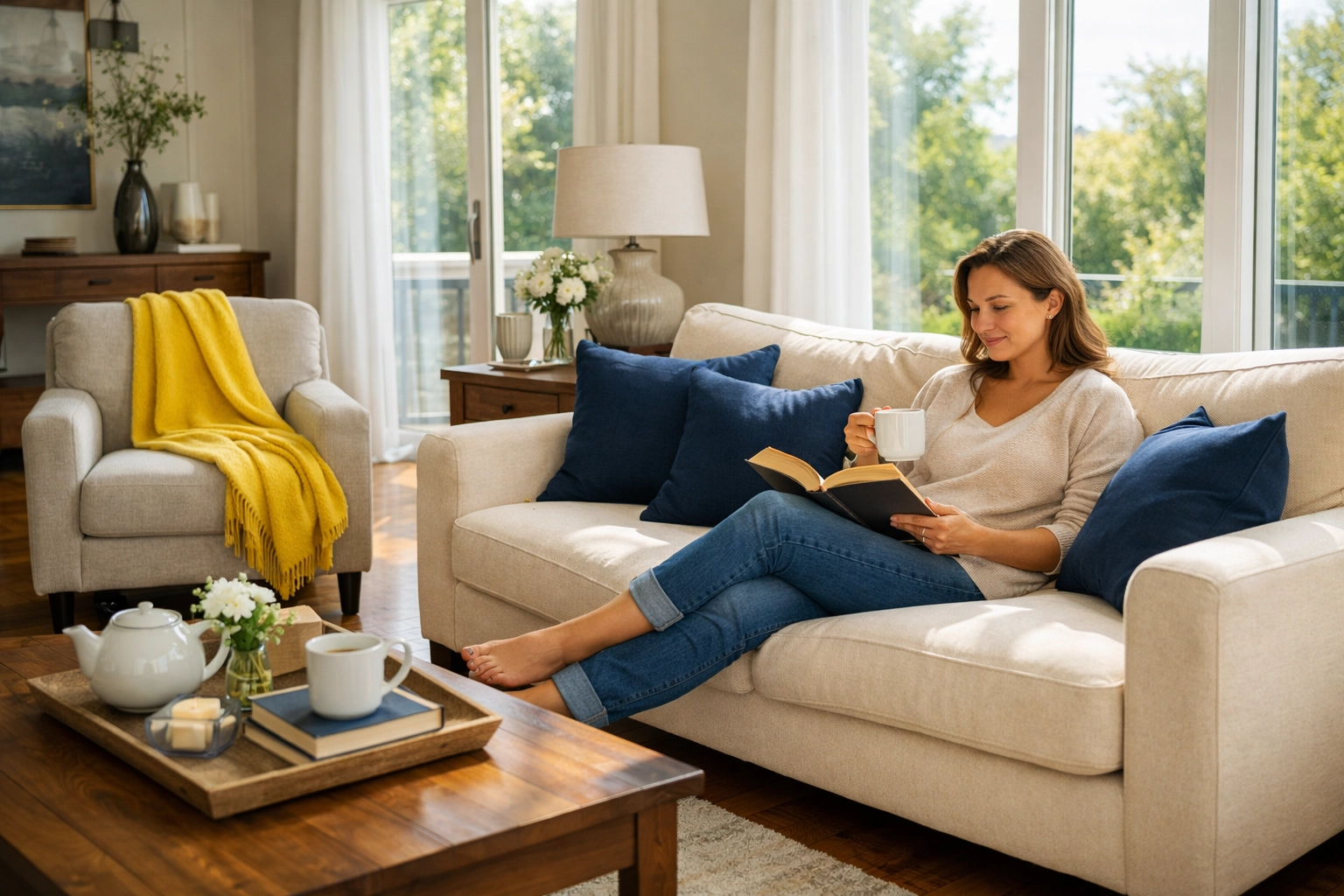 Relaxing in a clean Worcester living room, showing the freedom of hiring a maid service Worcester.
