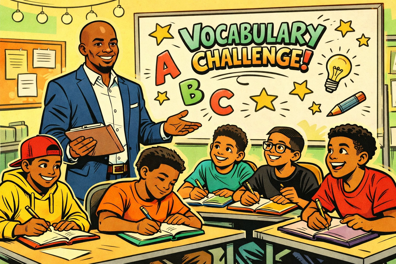 Professor Antonio conducting vocabulary challenge with students writing in notebooks at CRC event