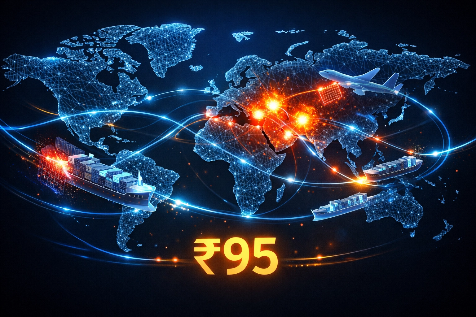 Global trade map showing geopolitical tensions impacting the Indian economy as the rupee hits 95.