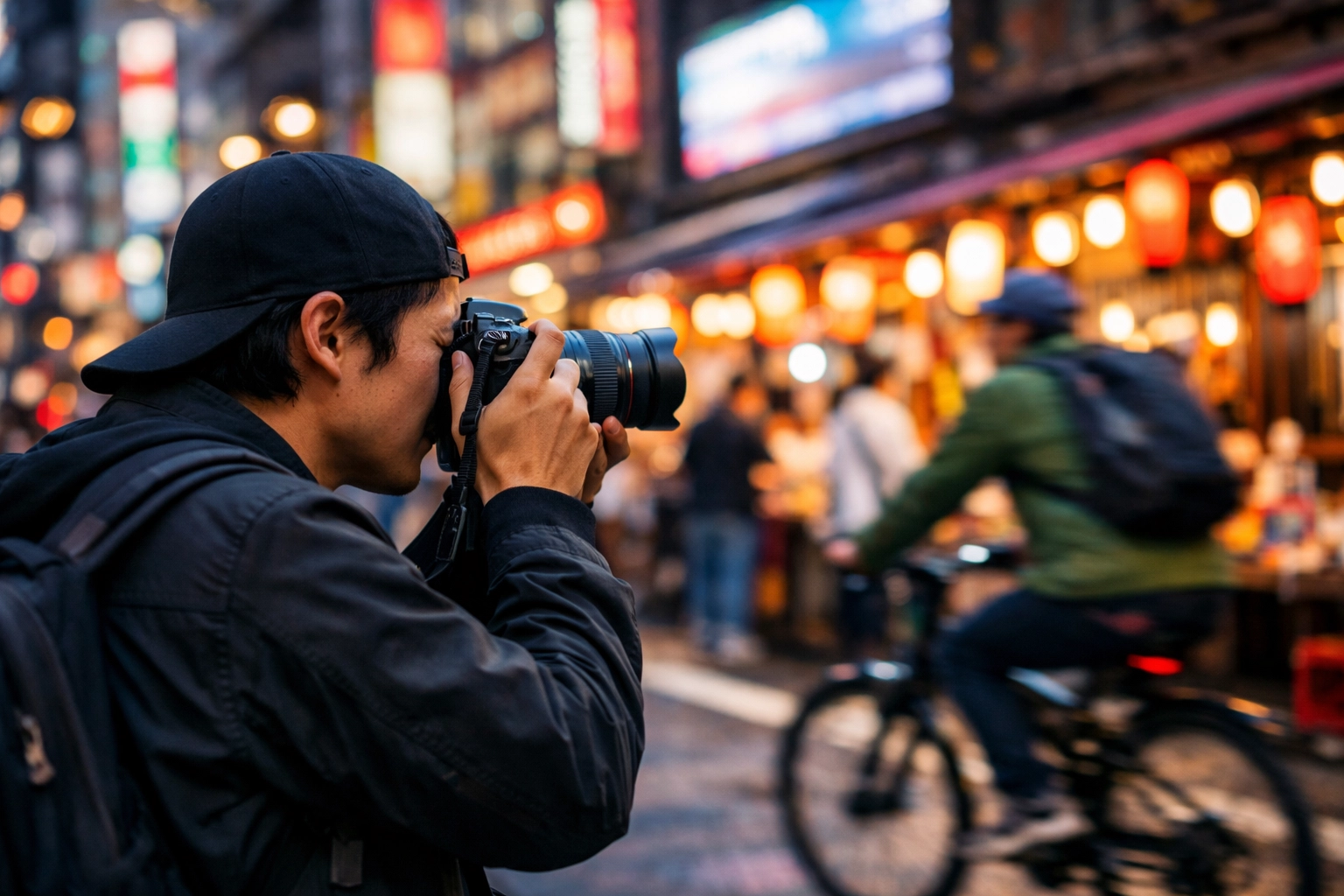 A professional street photographer capturing candid urban scenes to build a successful photography career.