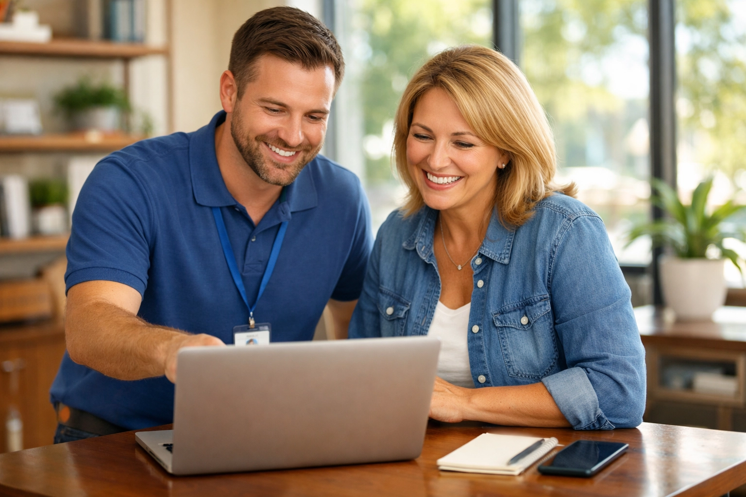 Local expert providing responsive business IT support to a smiling client in a bright Vacaville office.