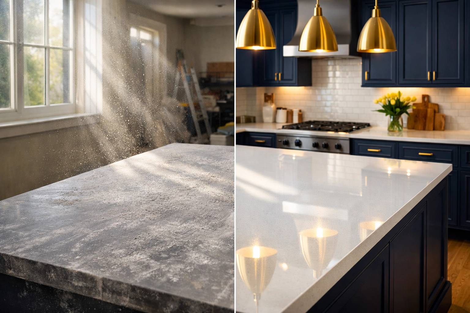 Dramatic before and after of a kitchen island following expert post construction cleaning in Hudson.