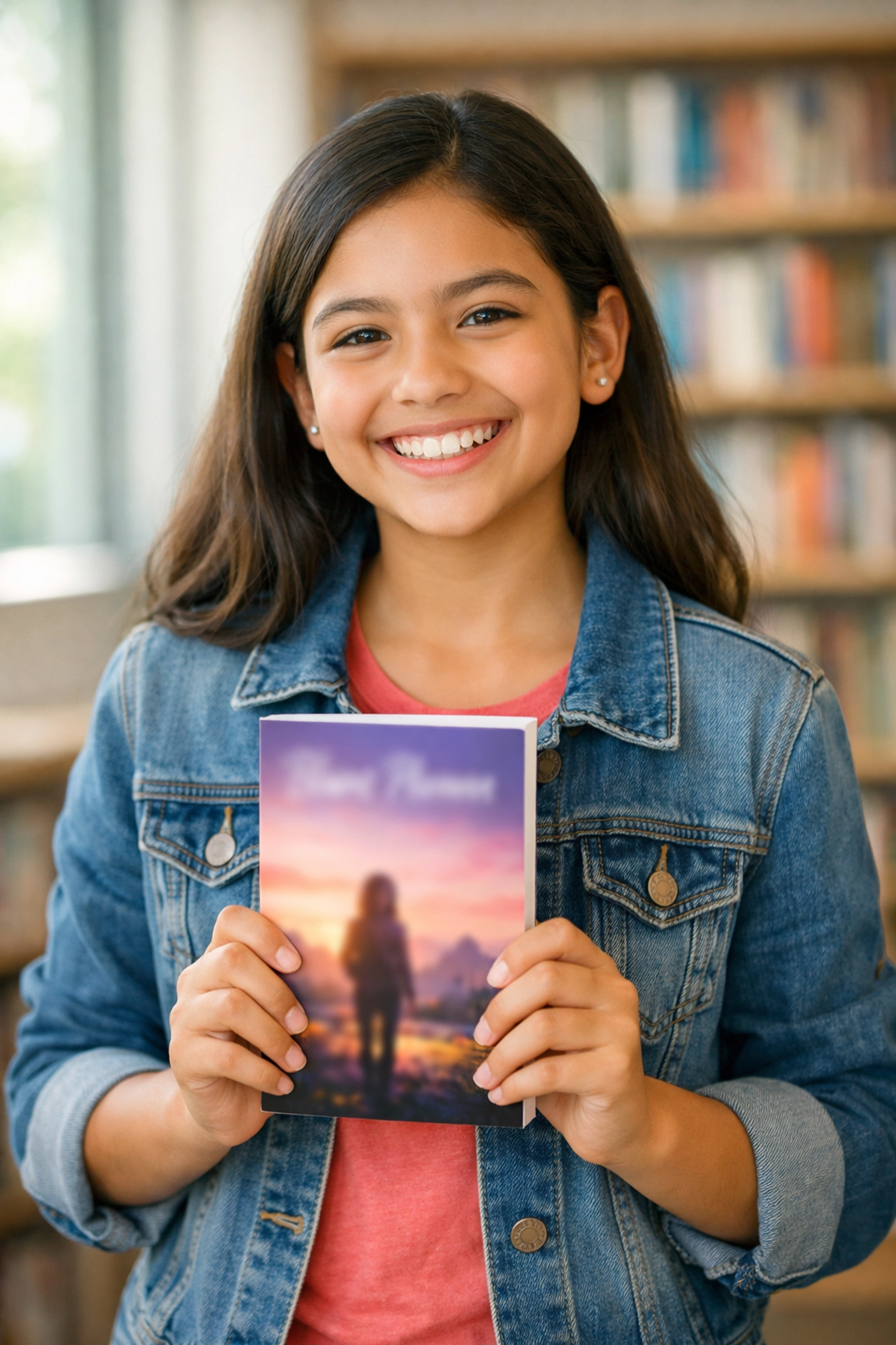 Young author proudly holding her published book in library after achieving writing dreams