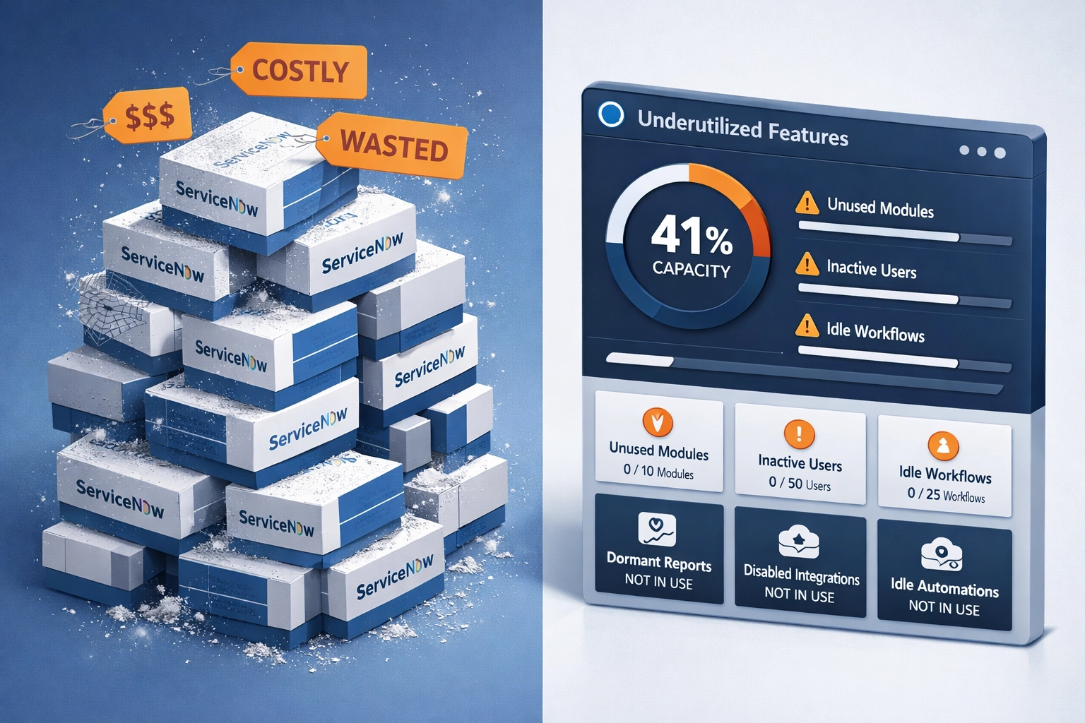 ServiceNow license optimization showing unused licenses and underutilized ITOM features