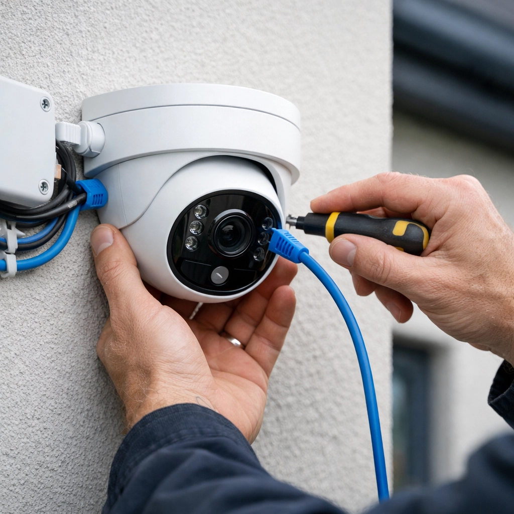 Dorset electrician installing smart security camera with Power over Ethernet cabling