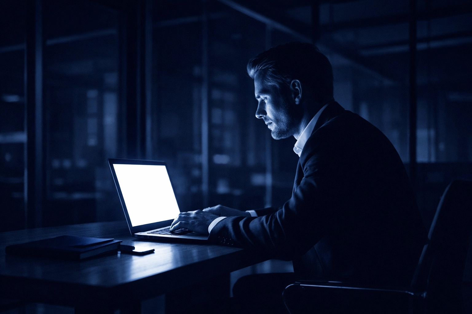 Business professional at a desk safely accessing Microsoft login services to avoid phishing scams.