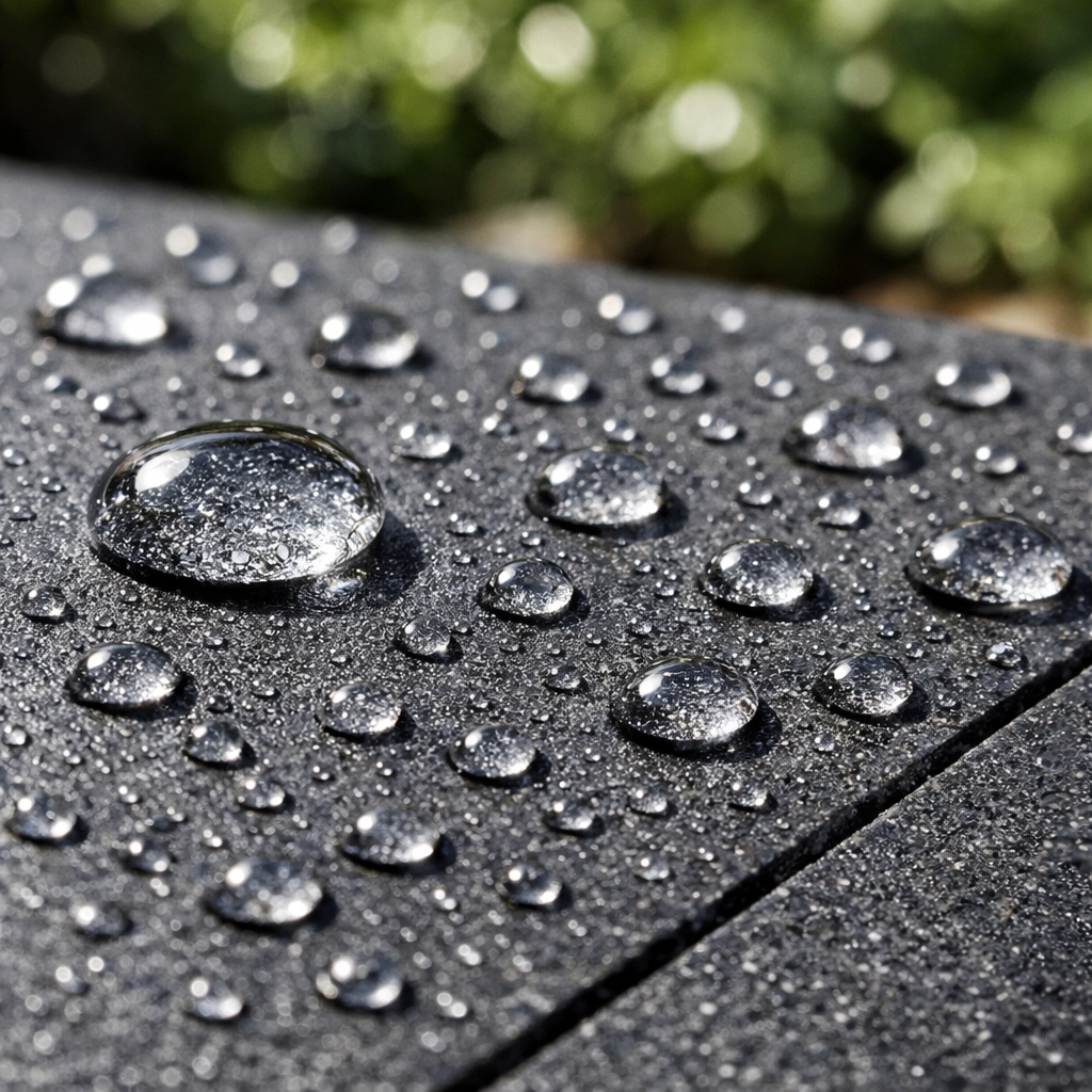 Water-resistant charcoal grey porcelain patio tiles showing non-porous surface and anti-slip texture.