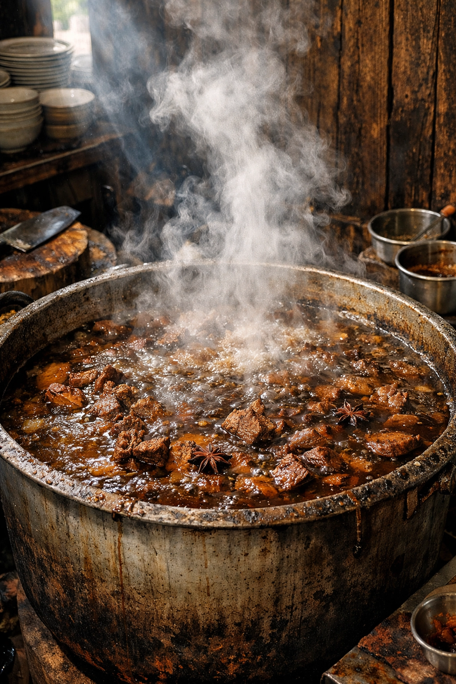 The legendary simmering beef noodle cauldron at Wattana Panich, a must-visit for cheap eats in Bangkok.