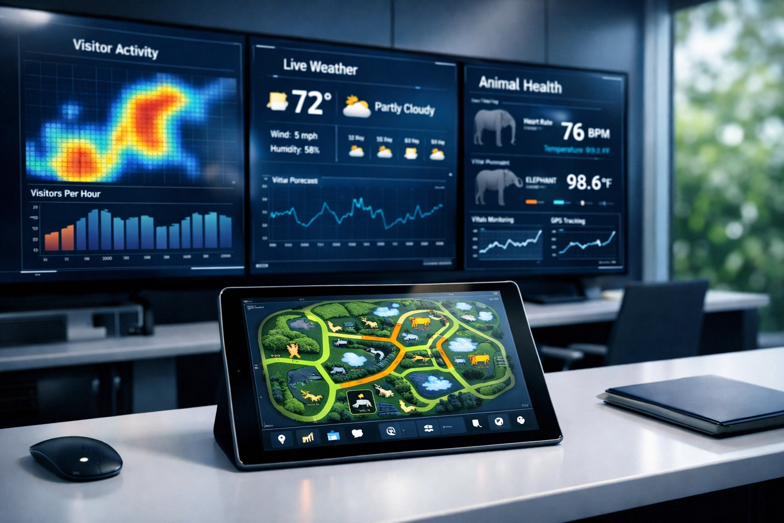 High-tech zoo command center displaying real-time visitor data and smart venue management analytics.
