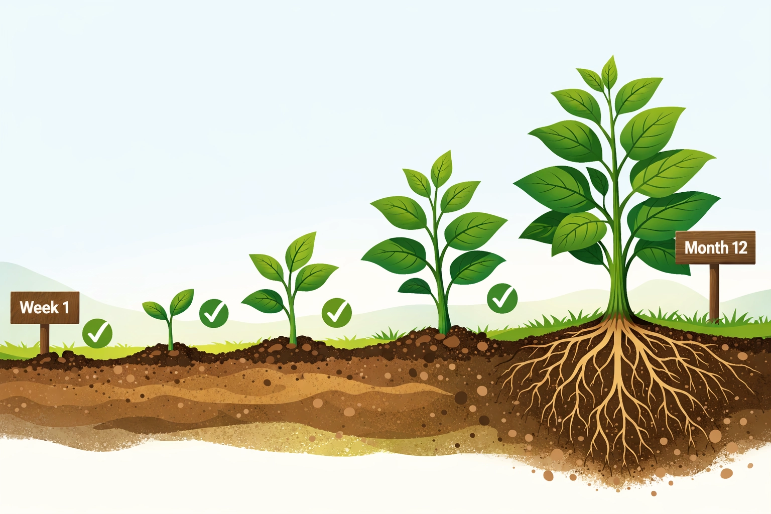 Plant growth timeline illustrating gradual trust building in workplace safety culture over 12 months