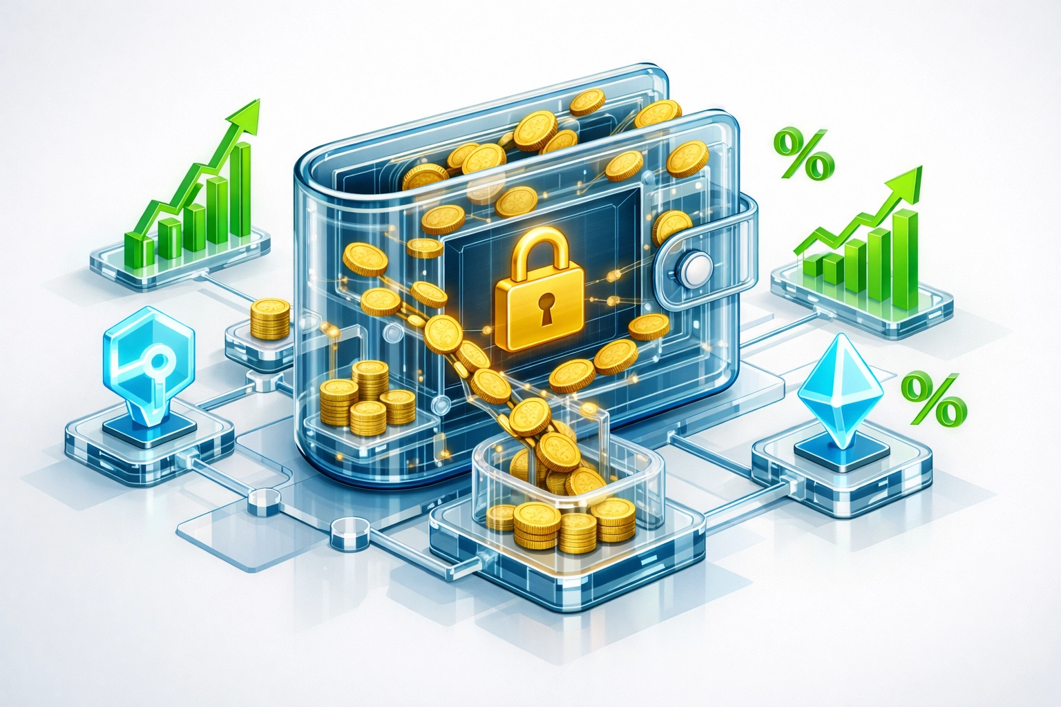 Self-custody digital wallet with crypto coins flowing through blockchain network nodes