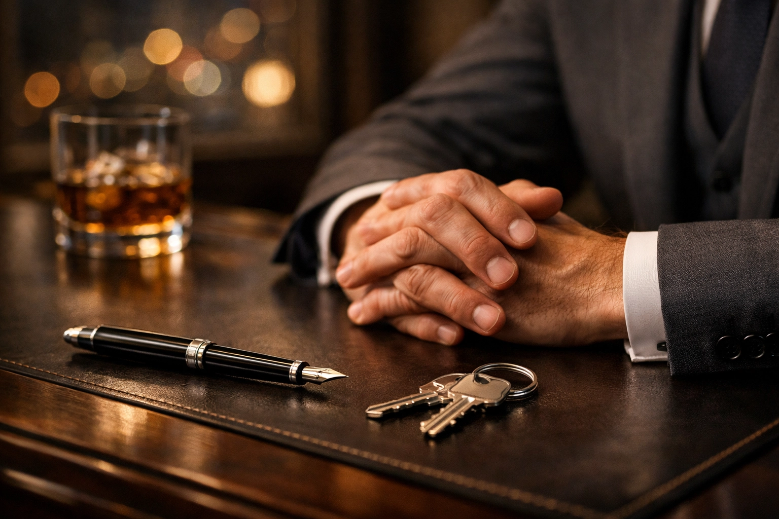 Hands in a suit with keys and a fountain pen, symbolizing the final closing of a property management company sale.