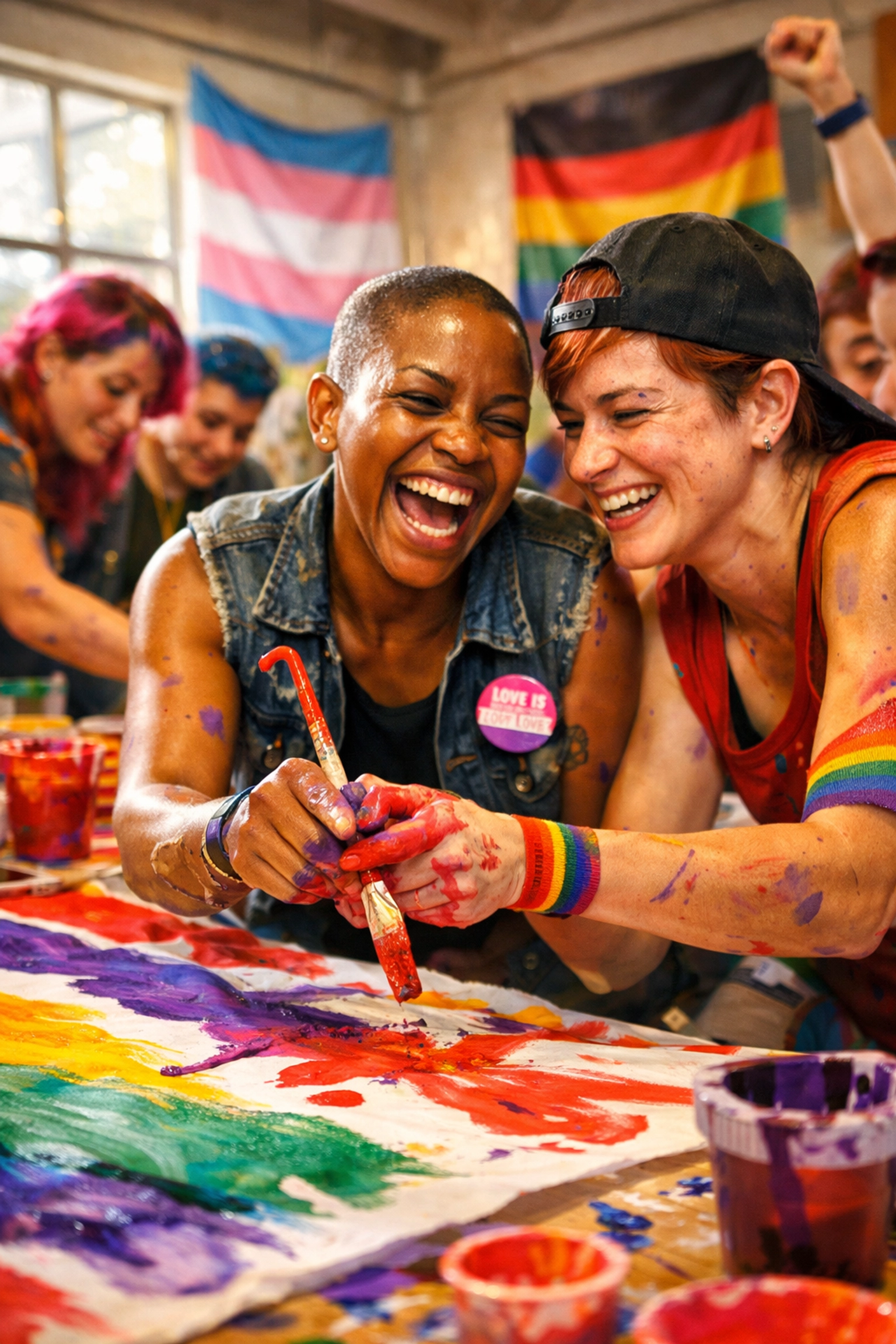Queer activists painting a banner at a community center, illustrating grassroots community building.