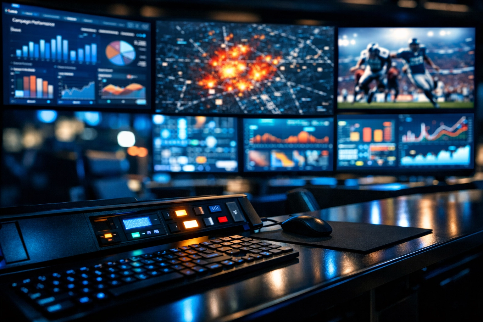 Marketing operations center monitoring real-time digital billboard data and sports network infrastructure.